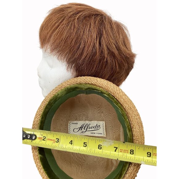 Vintage 60s Alfreda Inc Straw Boater Hat With Green Velvet Band & Red Strawberry - Picture 9 of 11